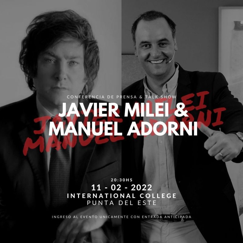 Javier Milei y Manuel Adorni en un talk show y conferencia sobre economía y libertad en el Internacional College Punta del Este